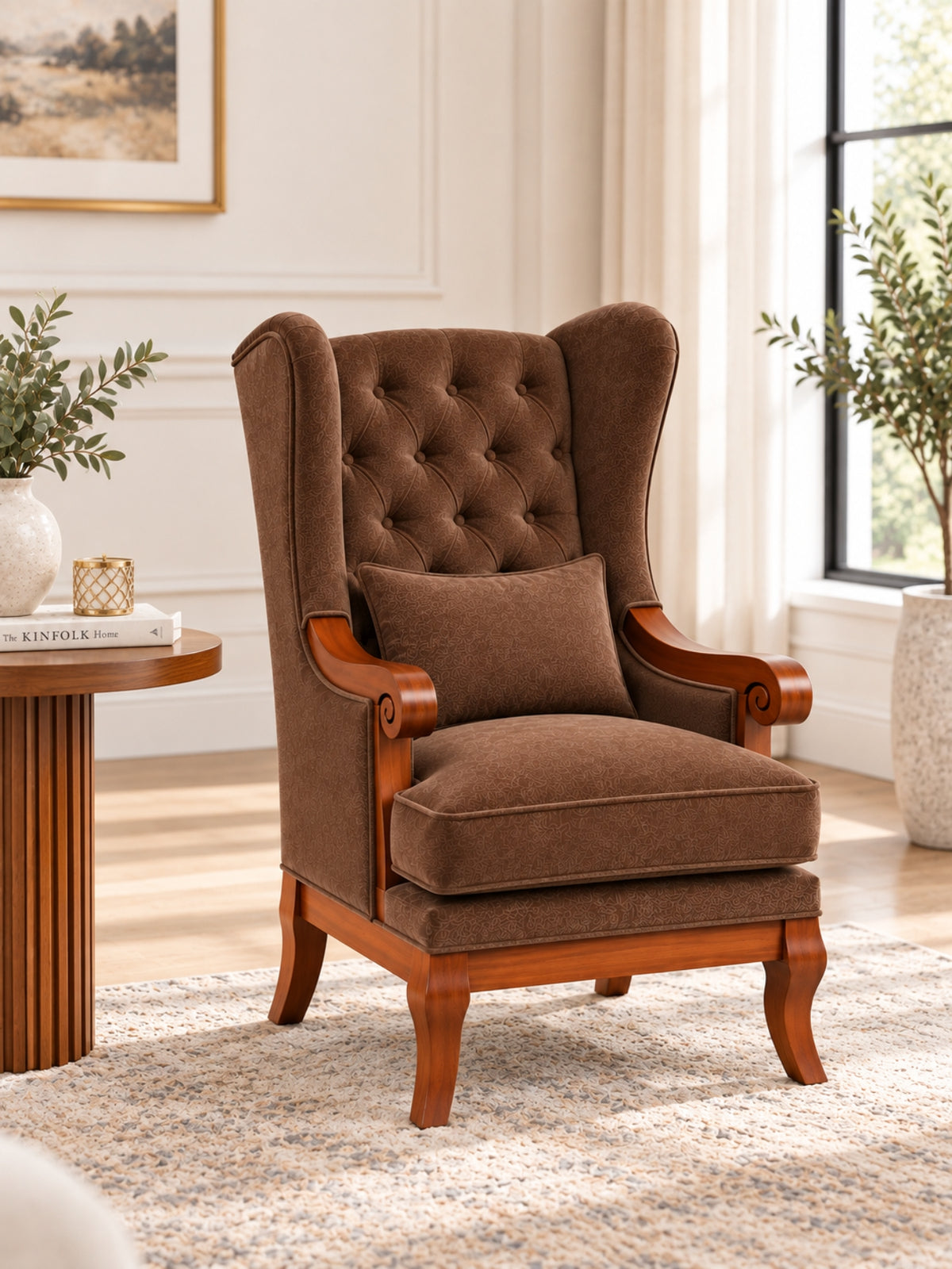 Elviora Teak Wood Wing Chair In Blue Colour