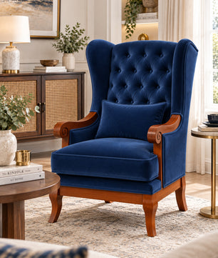 Velzaro Teak Wood Wing Chair In Blue Colour