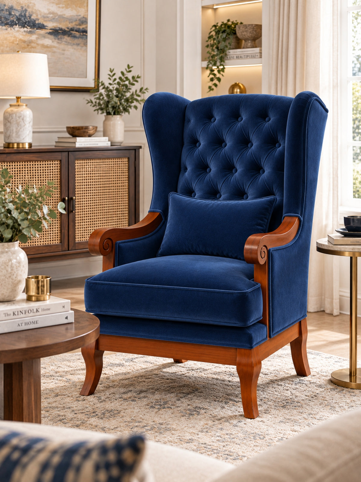 Velzaro Teak Wood Wing Chair In Blue Colour
