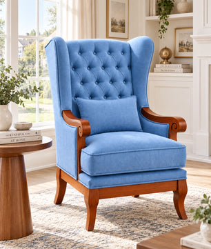 Zorvella Teak Wood Wing Chair In Blue Colour
