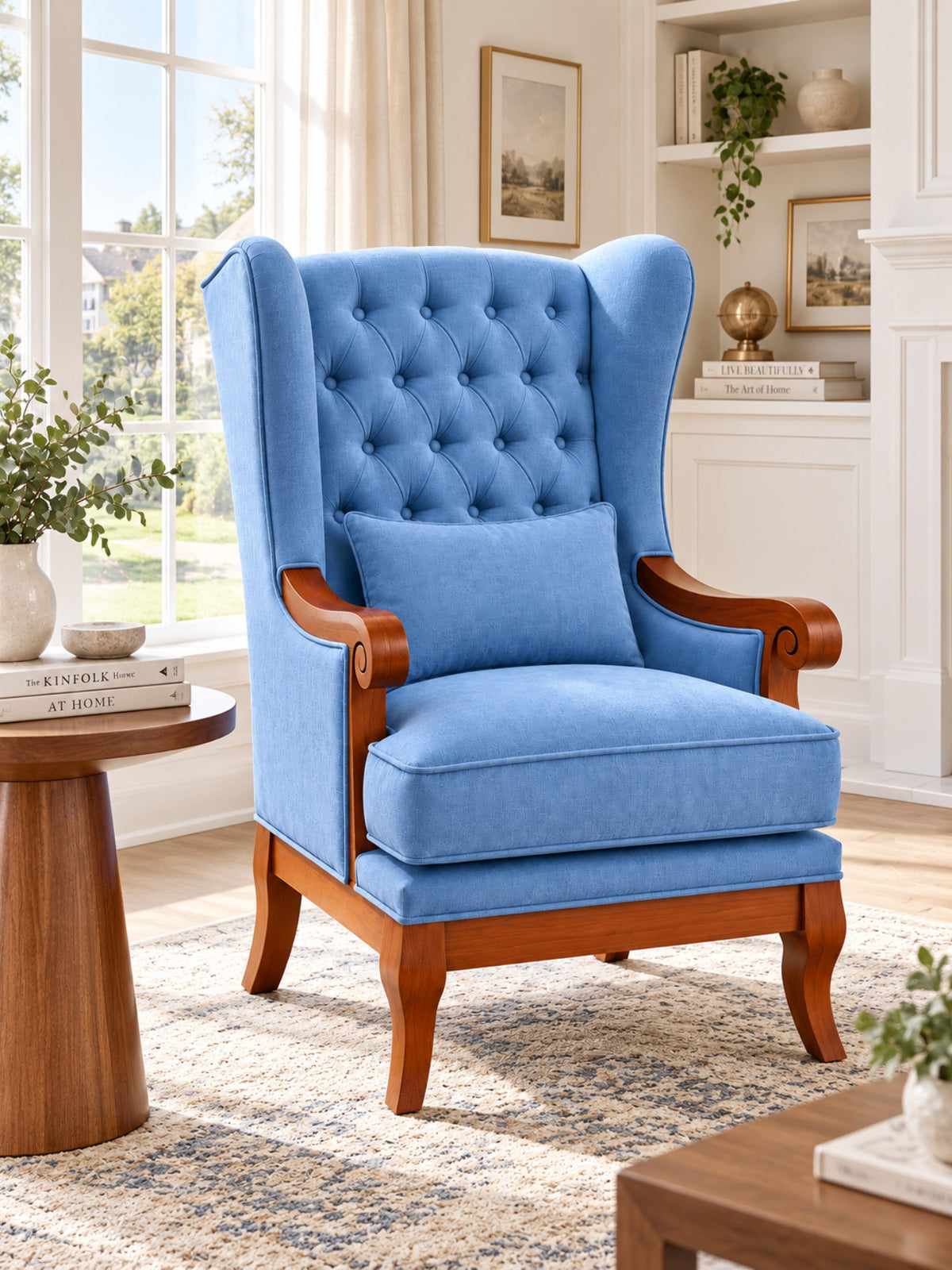 Zorvella Teak Wood Wing Chair In Blue Colour