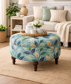 Floral Velvet Round Ottoman Stool with Sagwan Wood Legs