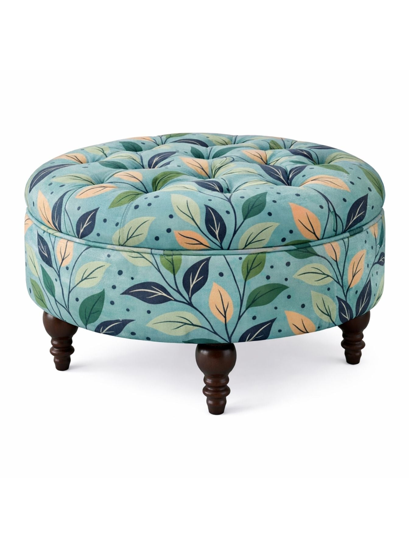 Floral Velvet Round Ottoman Stool with Sagwan Wood Legs