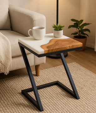 Teak Wood Epoxy End Table – White Resin Finish