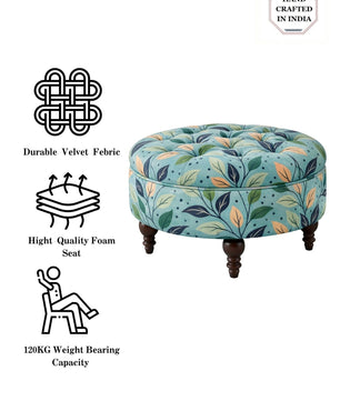 Floral Velvet Round Ottoman Stool with Sagwan Wood Legs