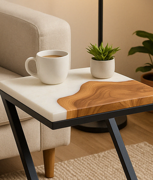 Teak Wood Epoxy End Table – White Resin Finish