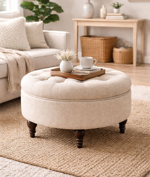 Velvet Round Ottoman Stool with Sagwan Wood Legs