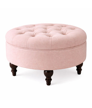 Velvet Round Ottoman Stool with Sagwan Wood Legs