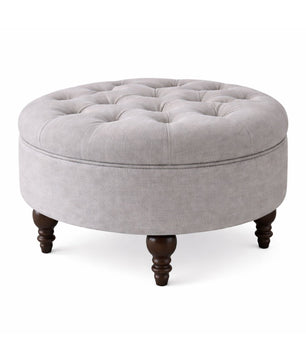 Velvet Round Ottoman Stool with Sagwan Wood Legs
