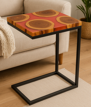 Teak Wood Epoxy End Table – Red Resin Finish