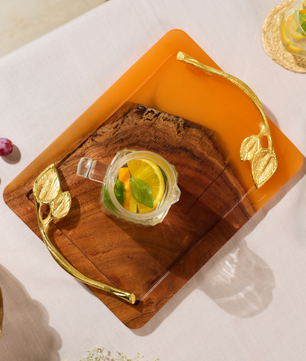 Wooden Tray with Handles – Acacia Wood, Translucent Orange Resin Finish