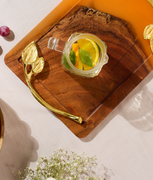 Wooden Tray with Handles – Acacia Wood, Translucent Orange Resin Finish