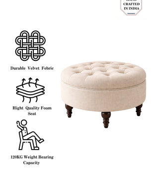 Velvet Round Ottoman Stool with Sagwan Wood Legs