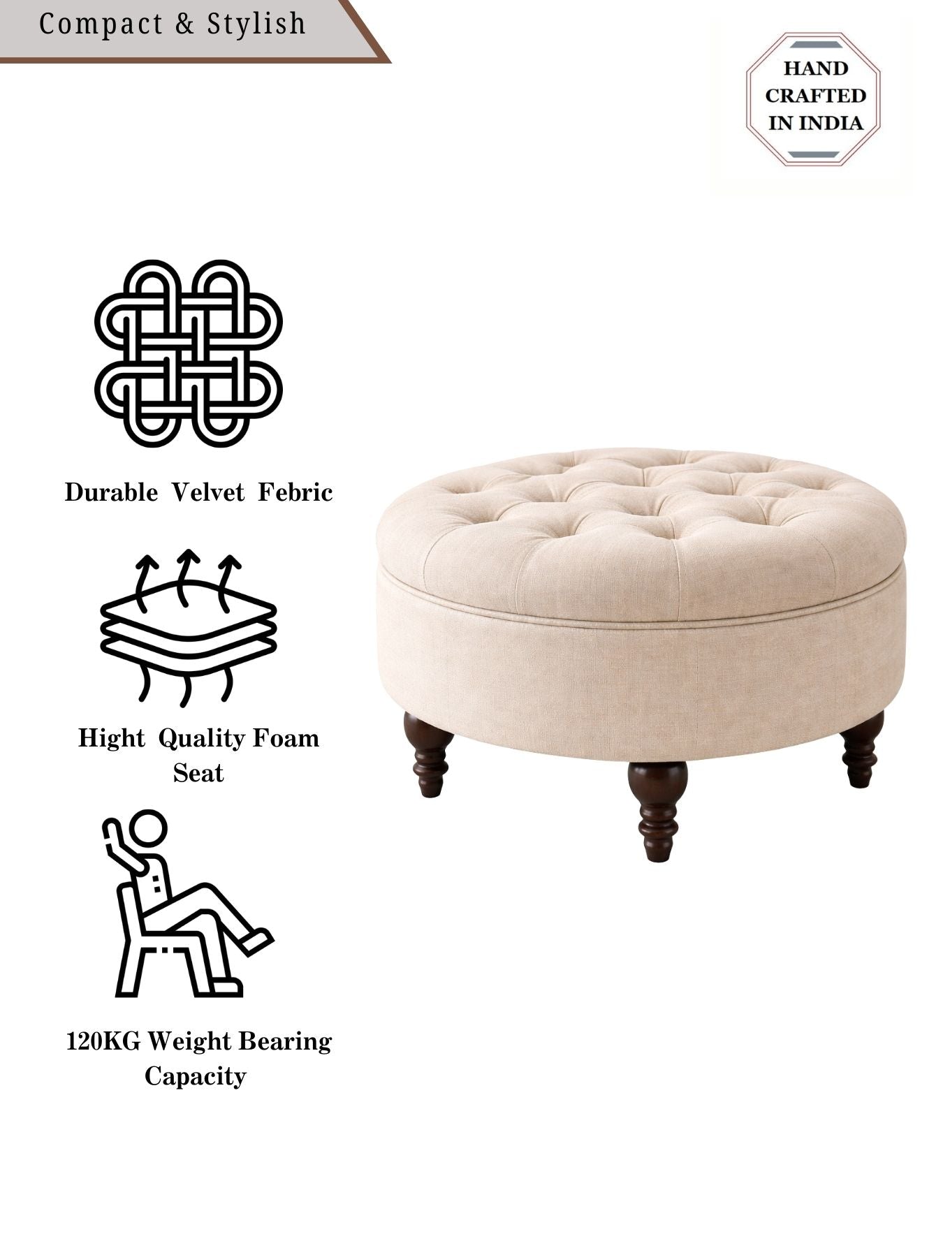 Velvet Round Ottoman Stool with Sagwan Wood Legs