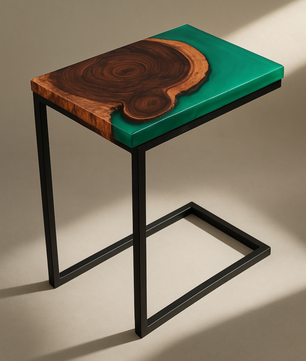 Teak Wood Epoxy End Table – Green Resin Finish
