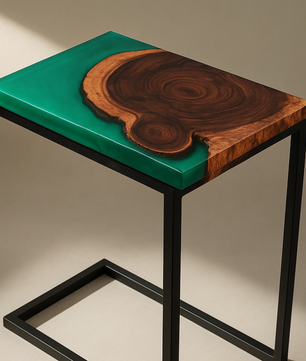 Teak Wood Epoxy End Table – Green Resin Finish