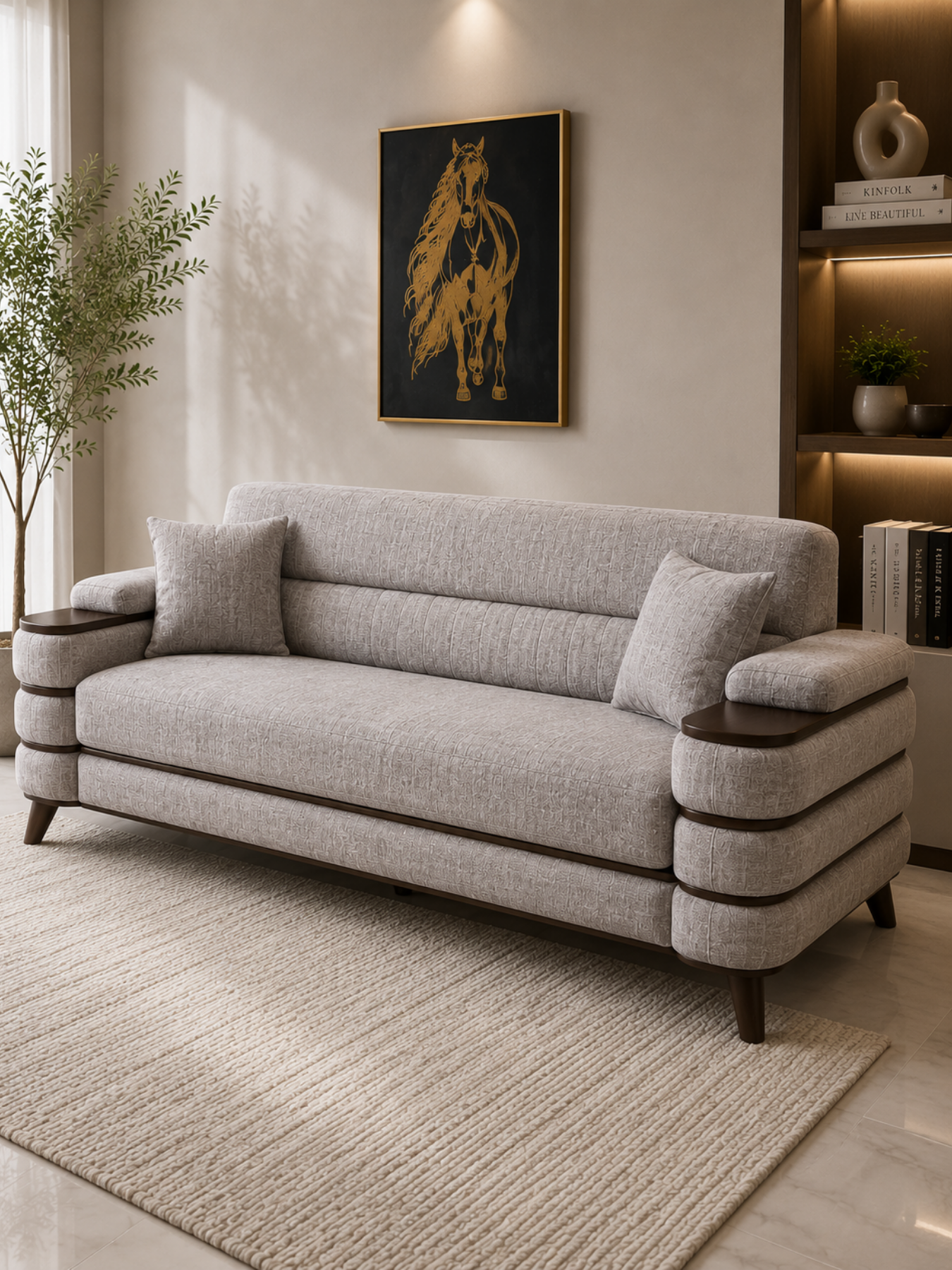 Crestivo Modern Suede 3-Seater Sofa with Wooden Accent Arms