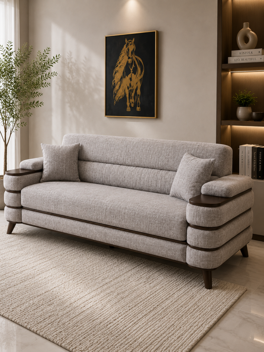 Crestivo Modern Suede 3-Seater Sofa with Wooden Accent Arms