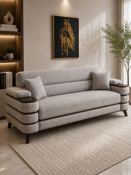 Crestivo Modern Suede 3-Seater Sofa with Wooden Accent Arms
