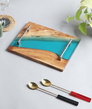 Elegant Wooden Tray - Aqua Resin Design (12