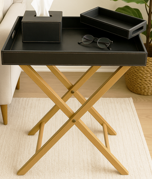 Pu Leather Foldable Tray with Metal Stand-Black