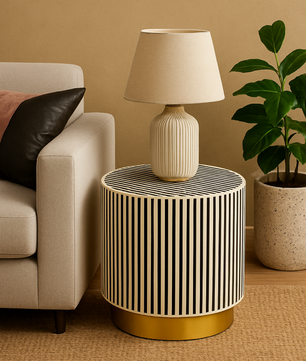 Inlay Drum Side Table with Base - Waterfall