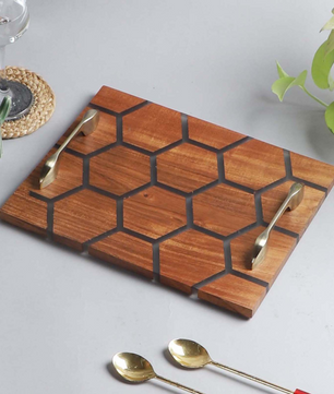 Handcrafted Acacia Wooden Tray with Tinted Grey Resin Accent (13