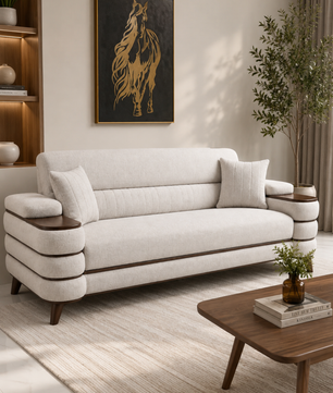 Crestivo Modern Suede 3-Seater Sofa with Wooden Accent Arms