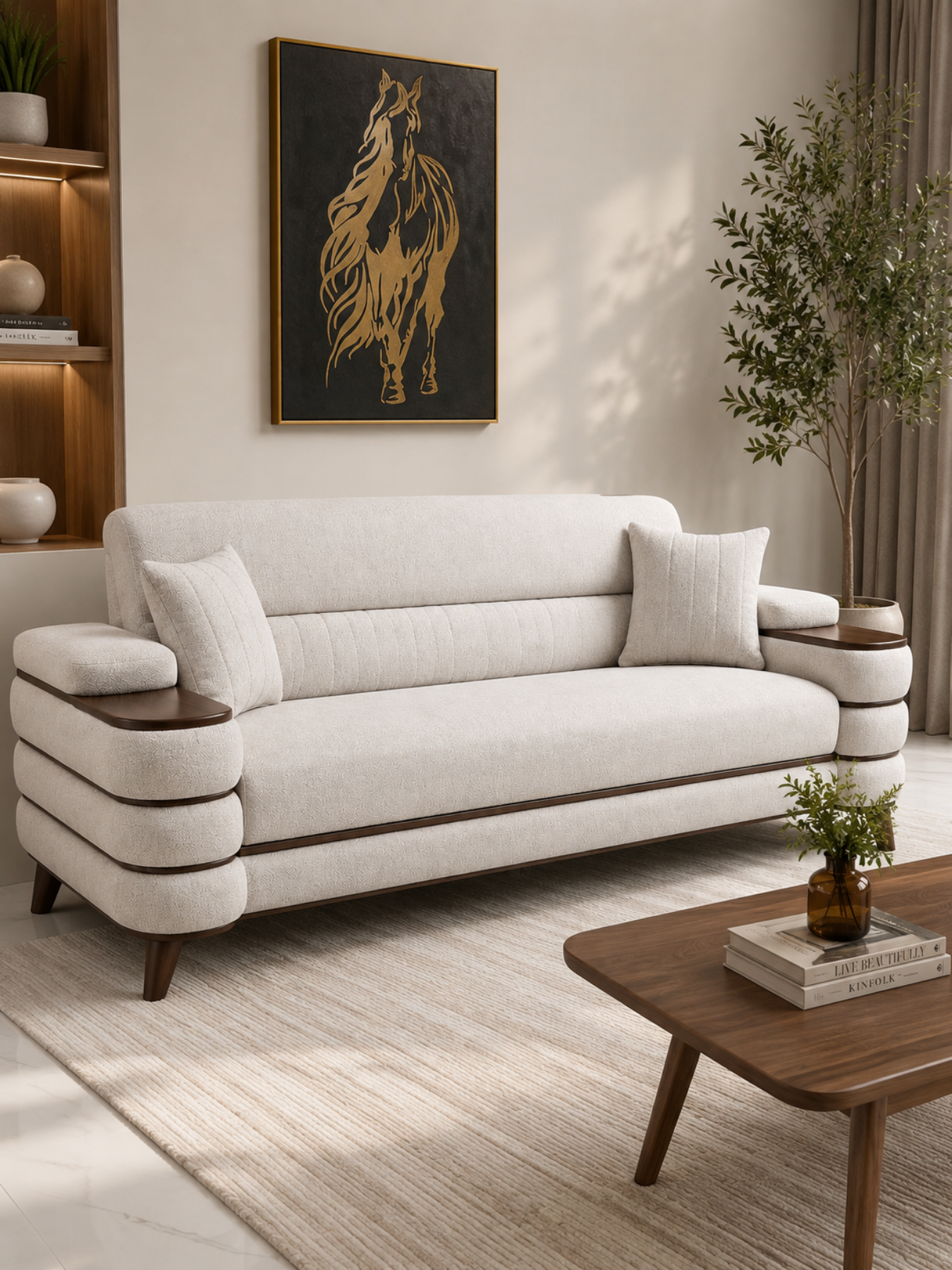 Crestivo Modern Suede 3-Seater Sofa with Wooden Accent Arms