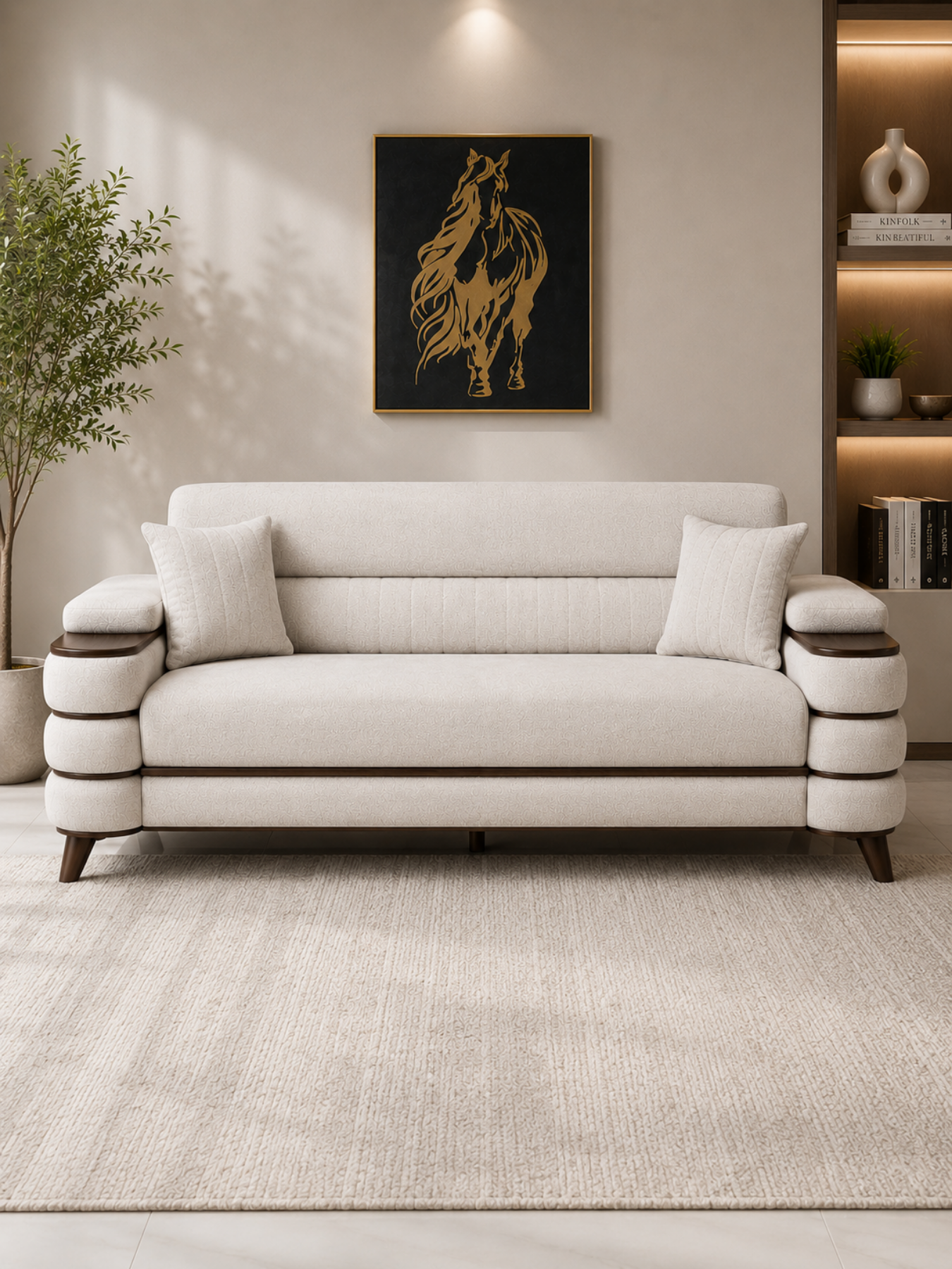 Crestivo Modern Suede 3-Seater Sofa with Wooden Accent Arms