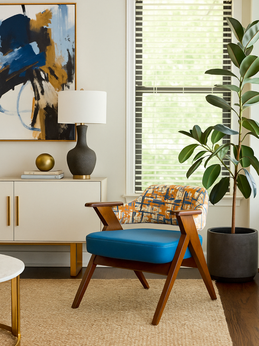 Mid-Century Modern Wooden Accent Chair with Geometric Upholstery