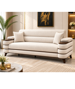 Crestivo Modern Suede 3-Seater Sofa with Wooden Accent Arms