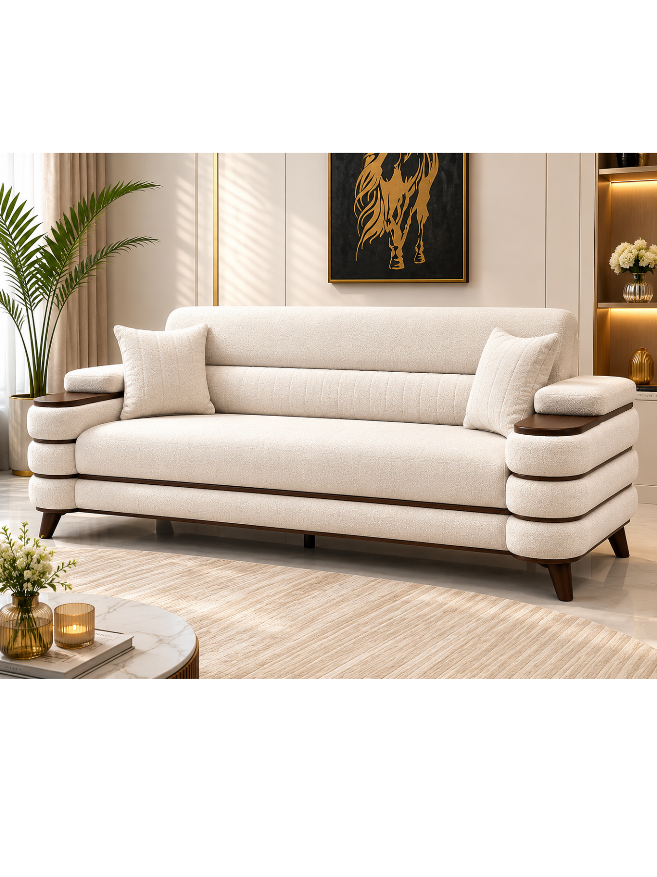 Crestivo Modern Suede 3-Seater Sofa with Wooden Accent Arms