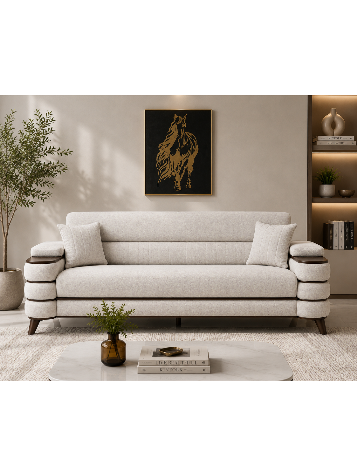 Crestivo Modern Suede 3-Seater Sofa with Wooden Accent Arms