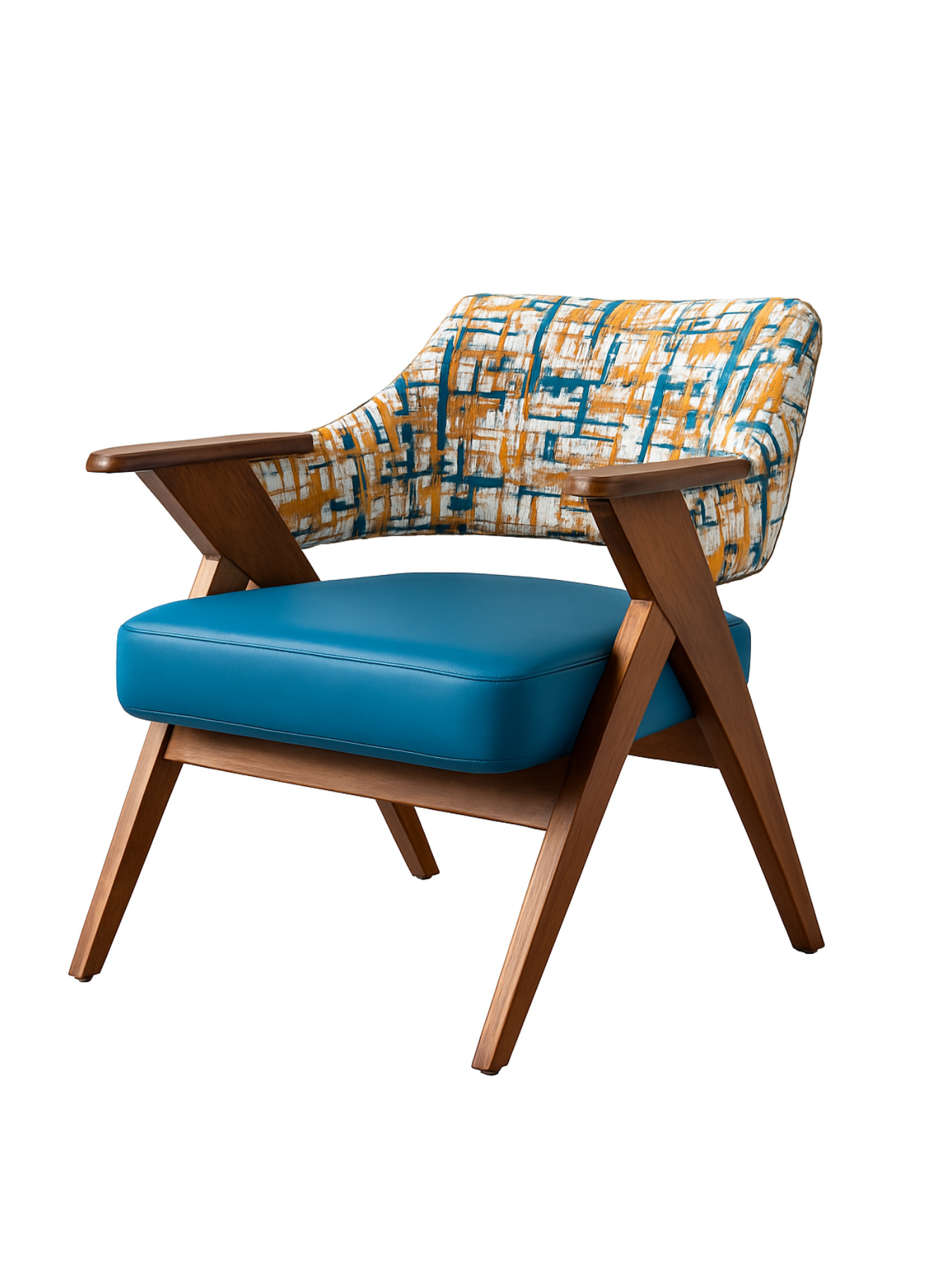 Mid-Century Modern Wooden Accent Chair with Geometric Upholstery