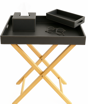 Pu Leather Foldable Tray with Metal Stand-Black
