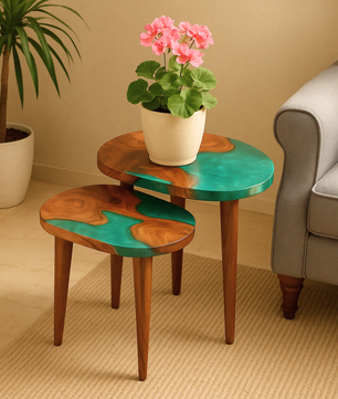 Set of 2 Nesting Tables – Teak Wood with Clear Resin Finish