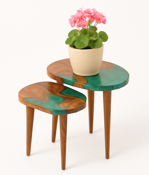 Set of 2 Nesting Tables – Teak Wood with Clear Resin Finish