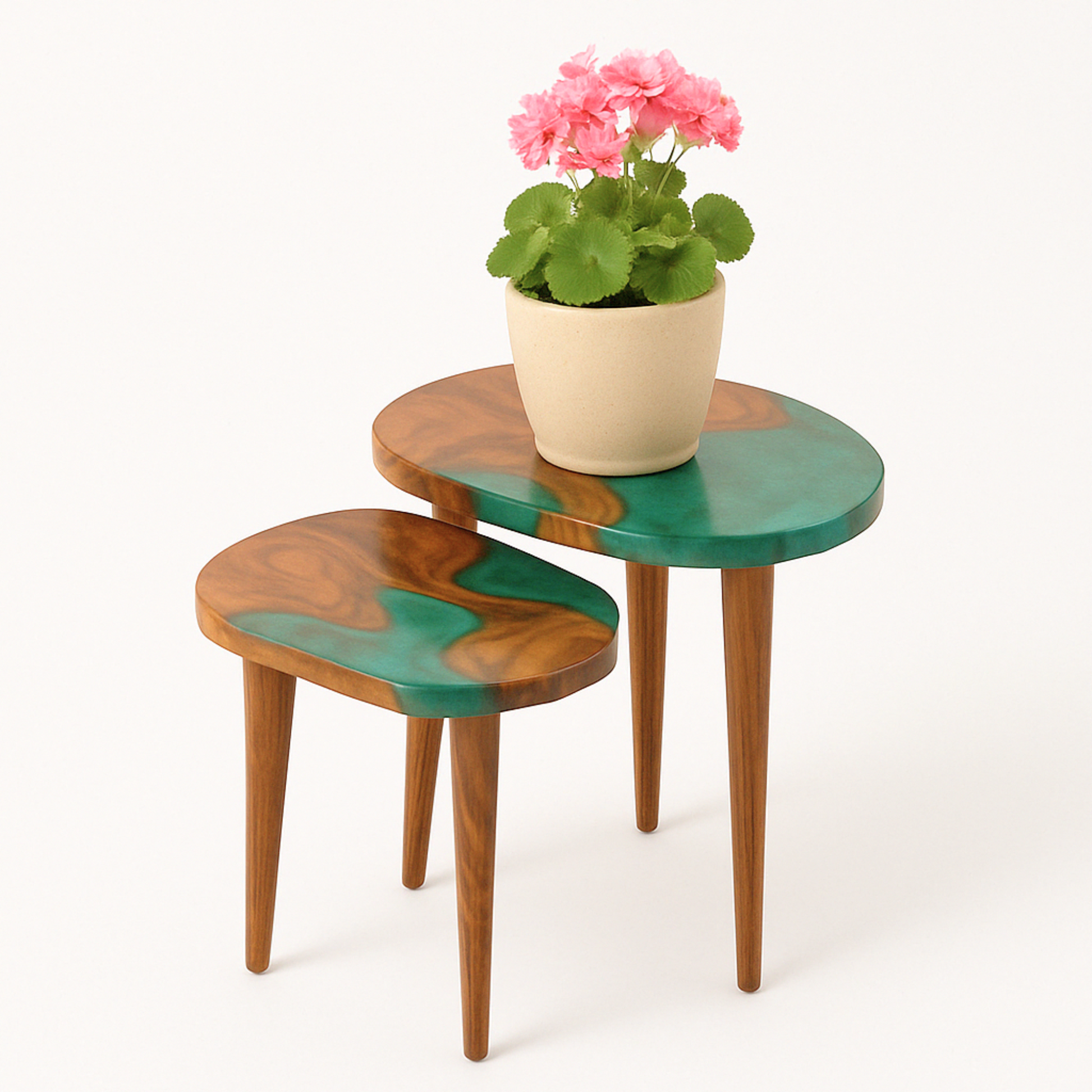 Set of 2 Nesting Tables – Teak Wood with Clear Resin Finish