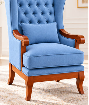 Zorvella Teak Wood Wing Chair In Blue Colour
