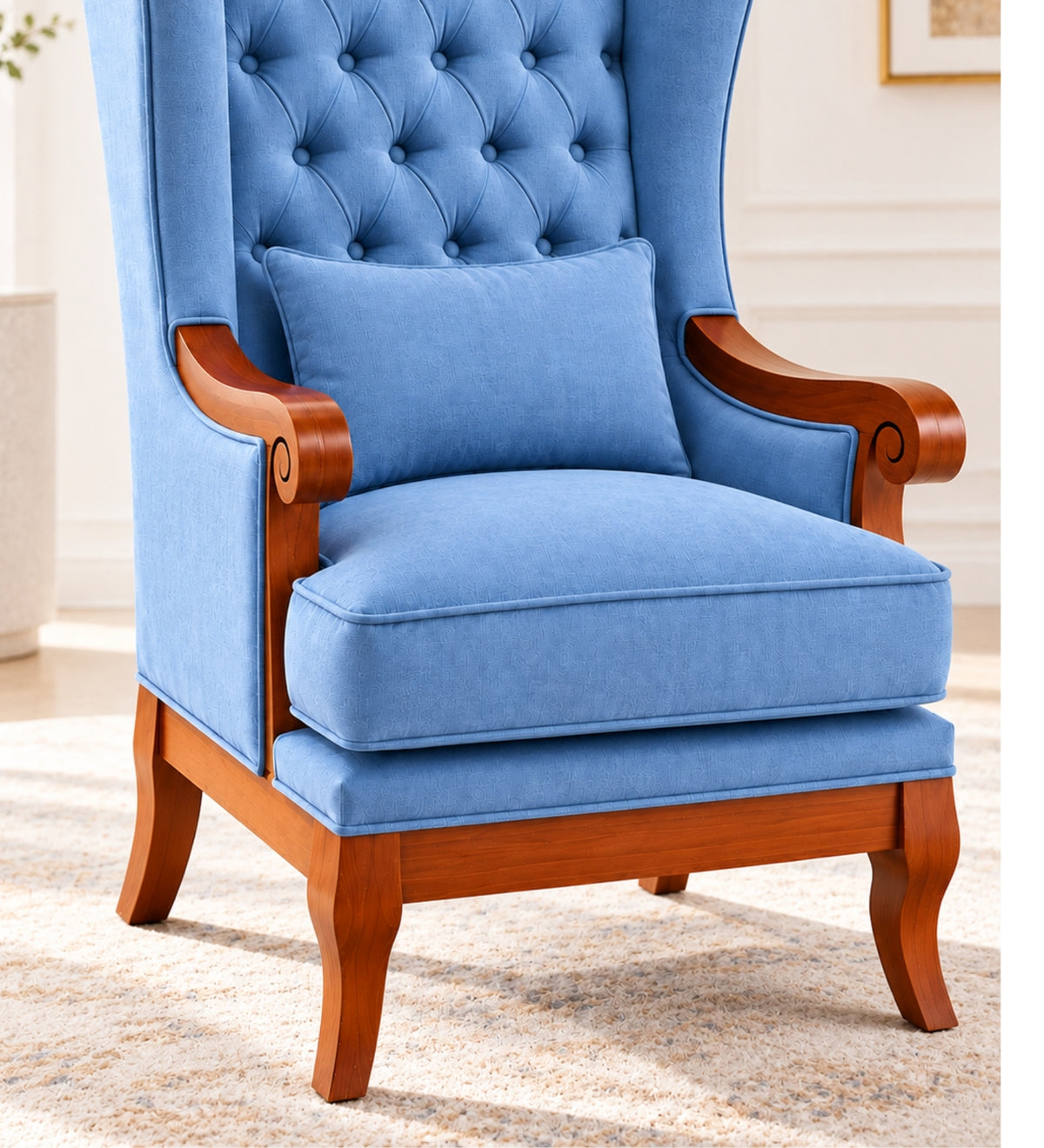 Zorvella Teak Wood Wing Chair In Blue Colour