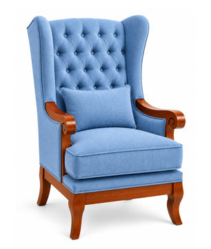 Zorvella Teak Wood Wing Chair In Blue Colour