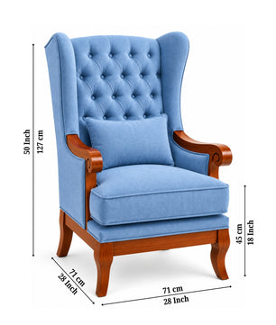 Zorvella Teak Wood Wing Chair In Blue Colour