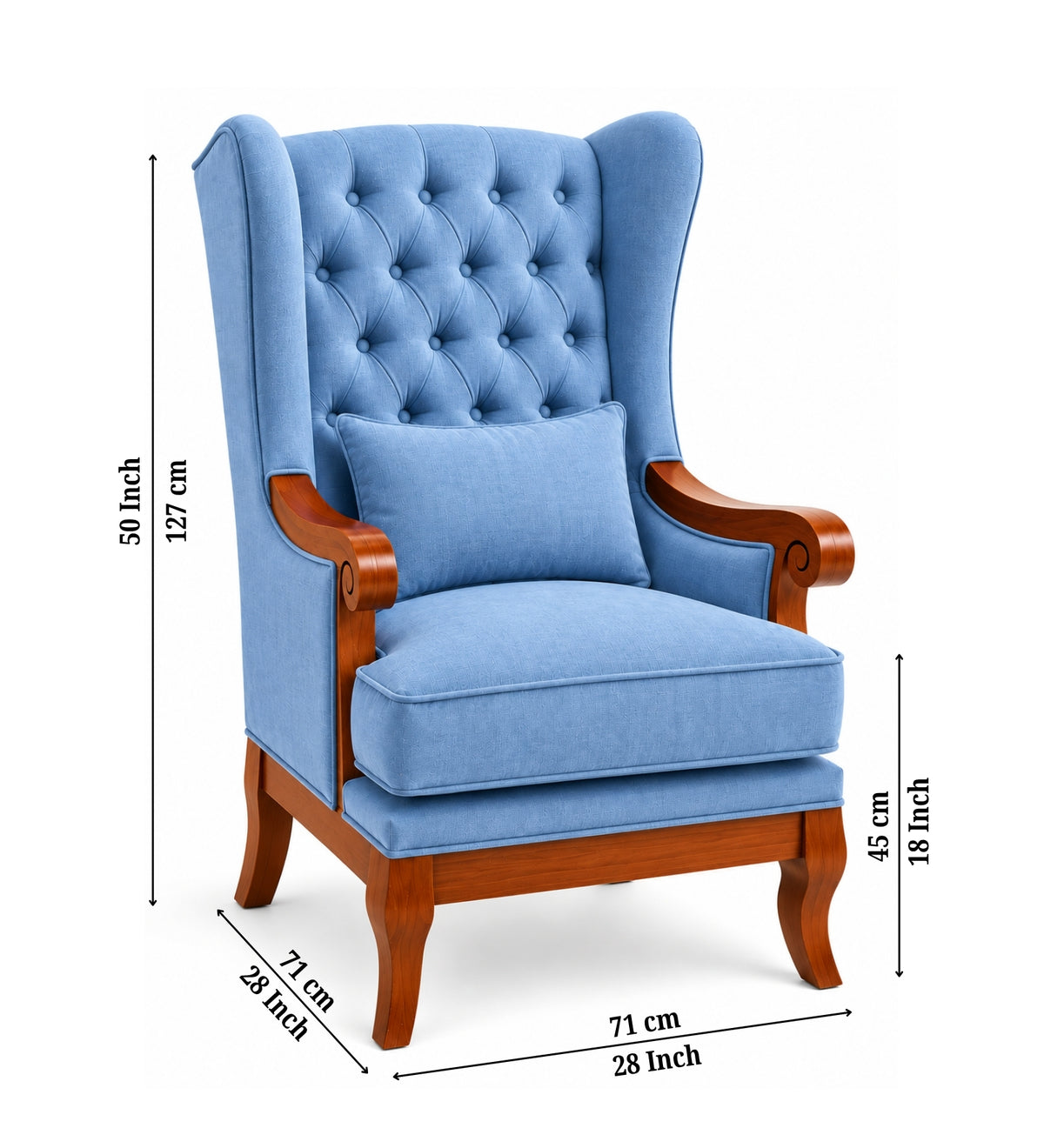 Zorvella Teak Wood Wing Chair In Blue Colour