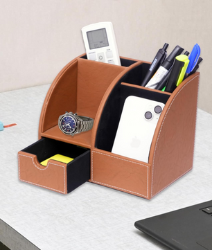 Leather Desk Organizer with Drawer – 4-Compartment