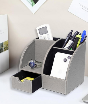 Leather Desk Organizer with Drawer – 4-Compartment