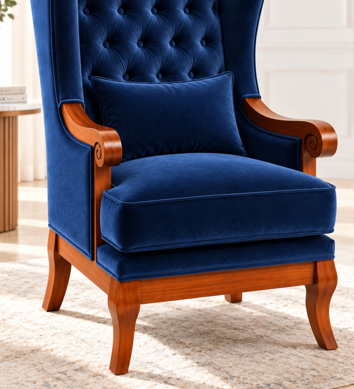 Velzaro Teak Wood Wing Chair In Blue Colour