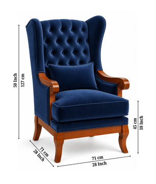 Velzaro Teak Wood Wing Chair In Blue Colour