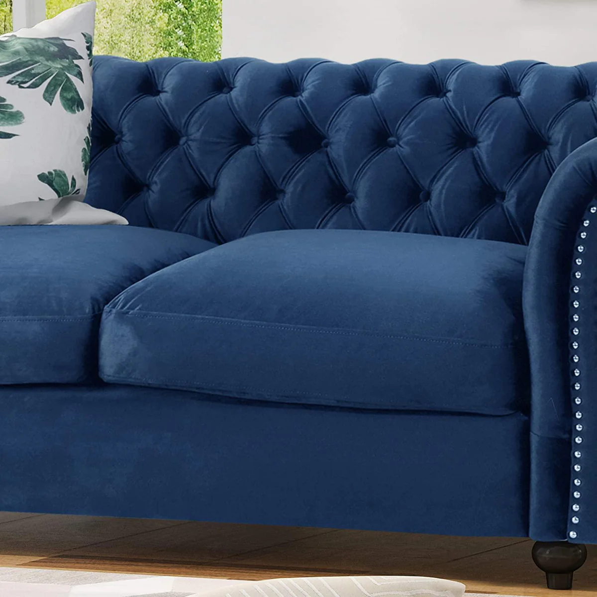 Karen Traditional Chesterfield Loveseat Sofa, Navy Blue and Dark Brown,