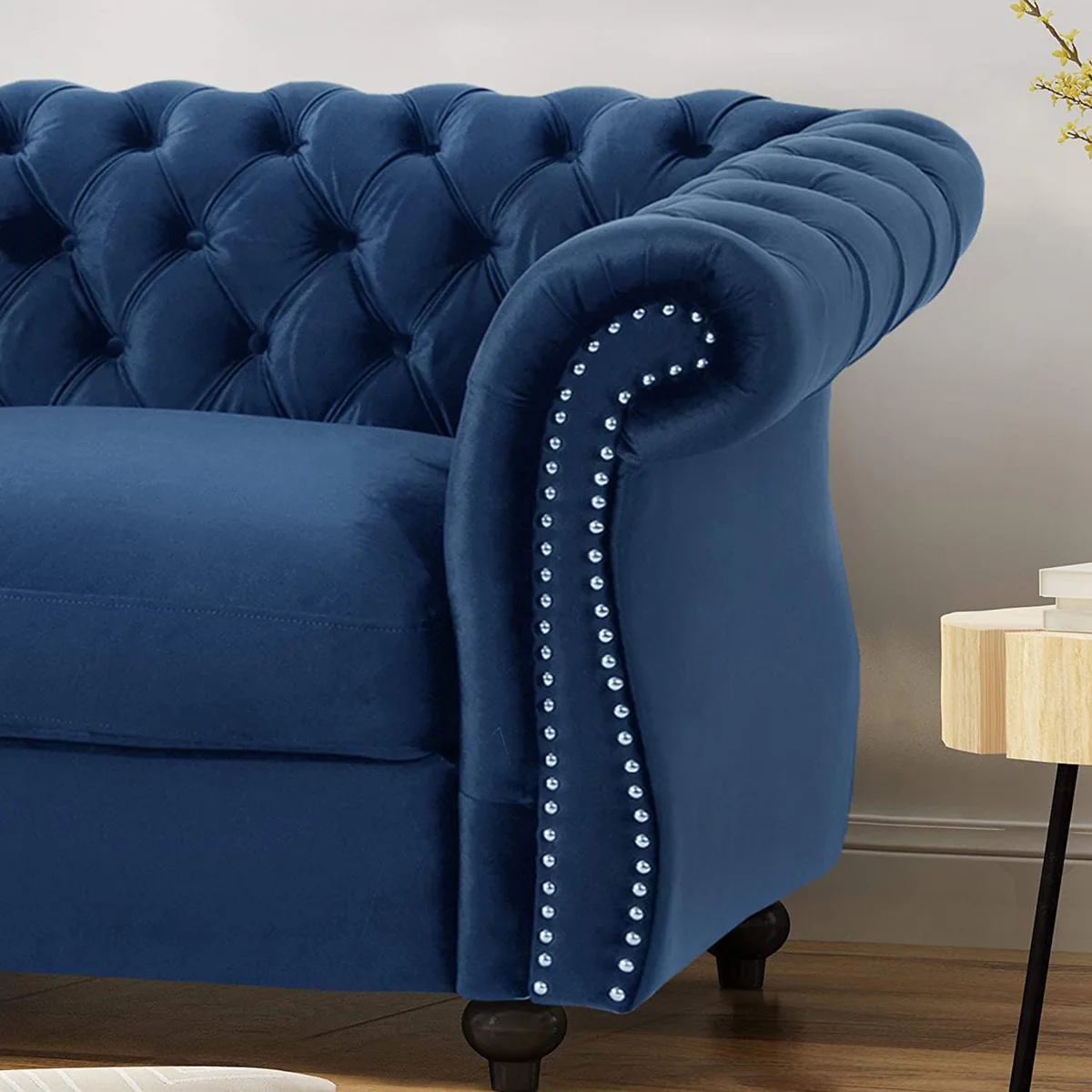 Karen Traditional Chesterfield Loveseat Sofa, Navy Blue and Dark Brown,